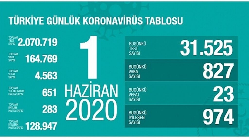 1 Haziran Korona virüs tablosu