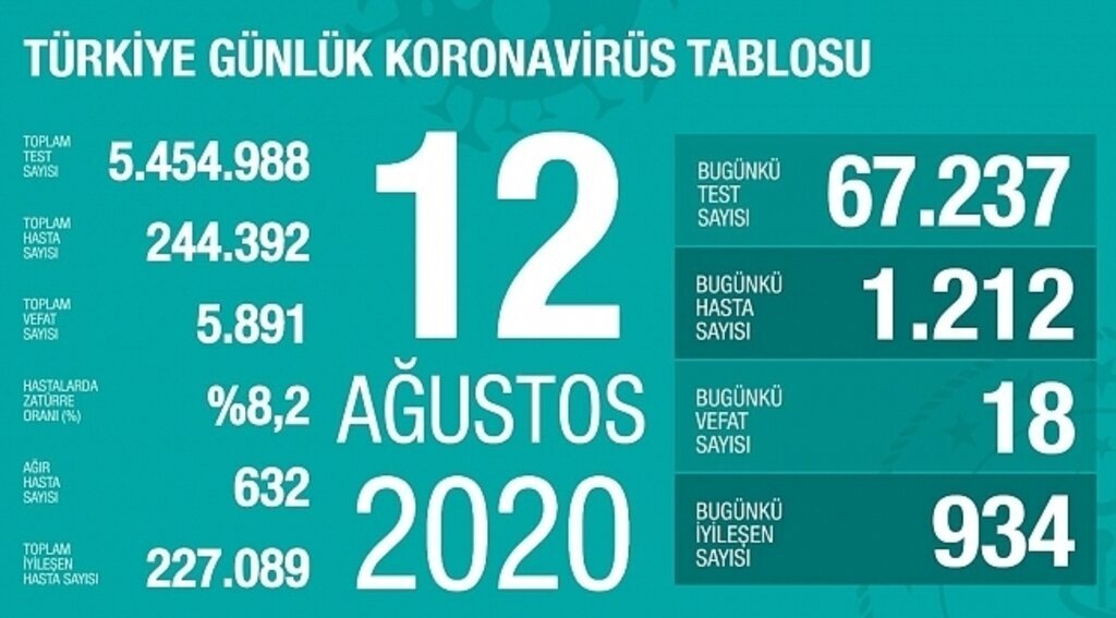 samsun haber - Türkiye'nin 12 Ağustos Korona virüs tablosu