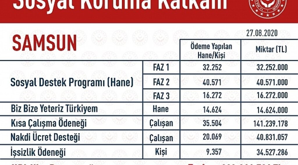 Sosyal Koruma Kalkanı ile Samsun'a 320 milyon 316 bin 521 TL destek