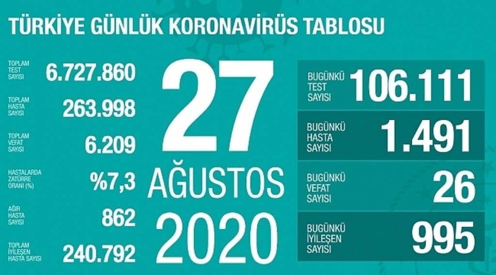 Türkiye'nin 27 Ağustos Korona virüs tablosu