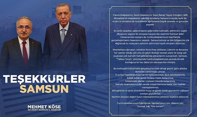AK Parti Samsun İl Başkanlığı’ndan Teşekkür Mesajı
